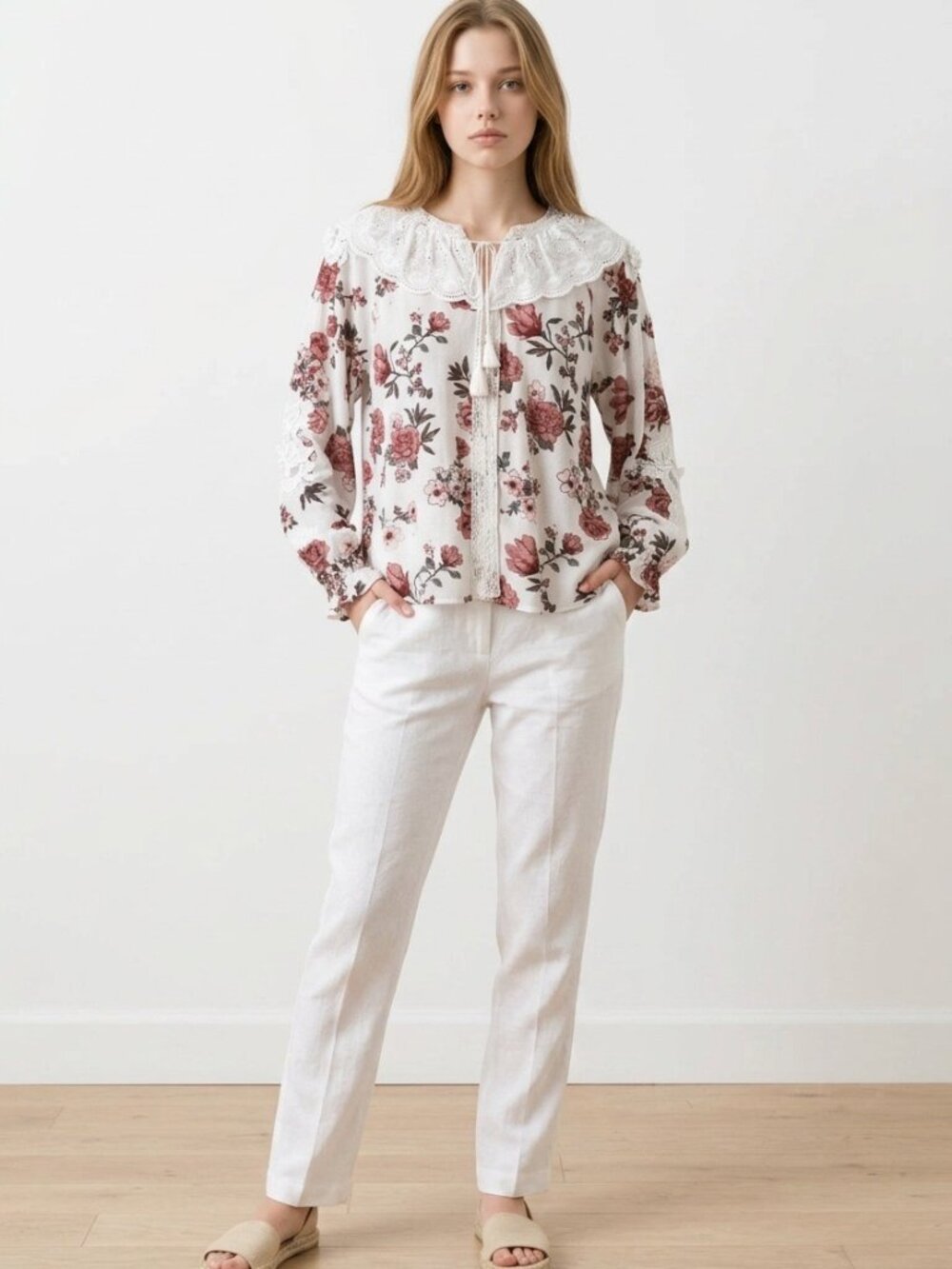 POL White Floral Blouse - Small (NWOT)